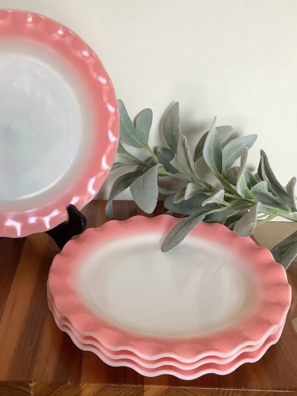 Vintage Hazel Atlas Pink Crinoline Ripple Milk Glass Dinner Plates, Four plates